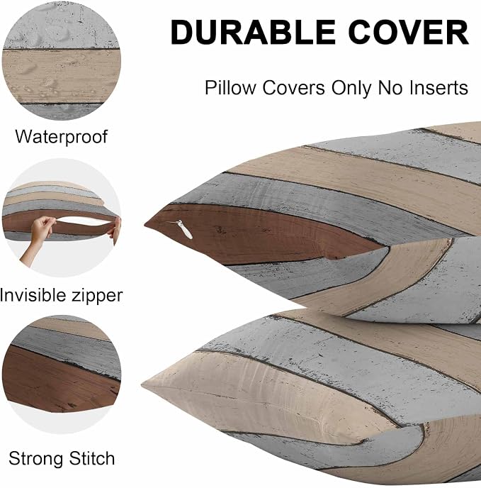 Outdoor Throw Pillow Covers 24X24 Set of 2 Waterproof Ombre Ground Color Brown Grey Decorative Zippered Cushion Covers for Patio Furniture,Lumbar Pillowcases Farmhouse Retro Rustic Barn Wood Texture