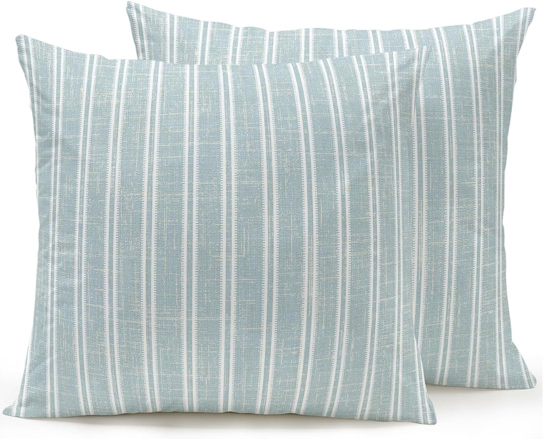 Waterproof Outdoor Pillow Set of 2 Blue Linen Striped Decorative Throw Pillows Cover & Insert 18x18 Inch Pillowcase Vertical Stripes Lines Pillows for Couch Sofa Bed Patio Furniture Indoor Outdoor