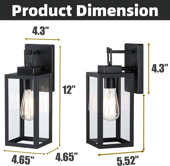 2 Pack Outdoor Sconce Lights-12 Inch Outdoor Wall Light,Exterior Sconce Steel and Glass Porch Light, Black Wall Lantern for Front Porch Garage Balcony