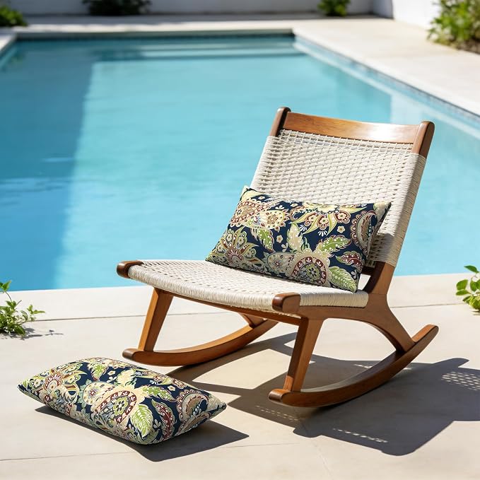 Outdoor Lumbar Pillows with Insert 12x20 Inch, Waterproof Throw Pillow for Patio Furniture, Decorative Lumbar Cushions for Garden Home Sofa Office Chair, Set of 2, Paisley Sapphire Blue