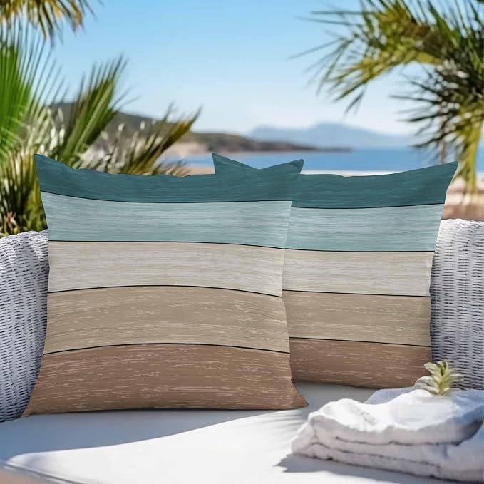 Vandarllin Outdoor Throw Pillow Covers 26X26 Set of 2 Waterproof Teal Blue Brown Decorative Zippered Cushion Covers for Patio Furniture, Farmhouse Retro Rustic Barn Wood Texture Lumbar Pillowcases