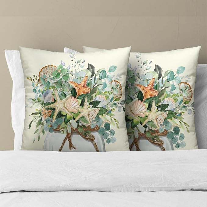 Eucalyptus Leaves Starfish Pillow Covers 16 x 16 Inches Set of 2,Summer Floral Coastal Seasonal Decoration Cushion Cover Pillowcase for Sofa Couch Indoor Outdoor Home Decor