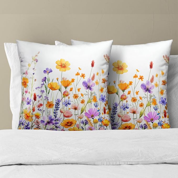 Colorful Wildflowers Pillow Covers 18x18 Inch, Set of 2 Yellow Purple Watercolor Floral Botanical Square Soft Cotton Pillowcases for Couch Bed Sofa Porch Patio Outdoor Home Decor
