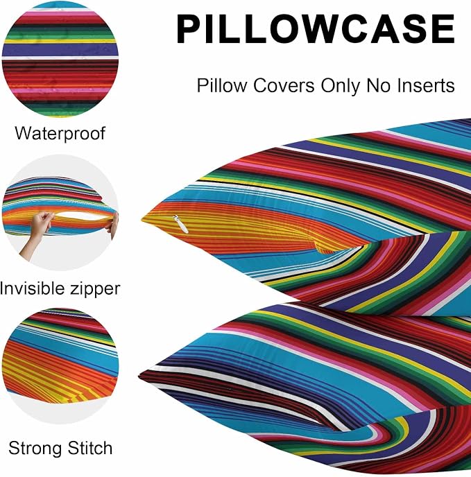 Colorful Striped Outdoor Pillow Covers 26x26 Inch Throw Pillow Covers Set of 2 Waterproof Decorative Pillow Cases Boho Rainbow Stripes Abstract Lines Cushion Covers for Patio Furniture Garden Couch