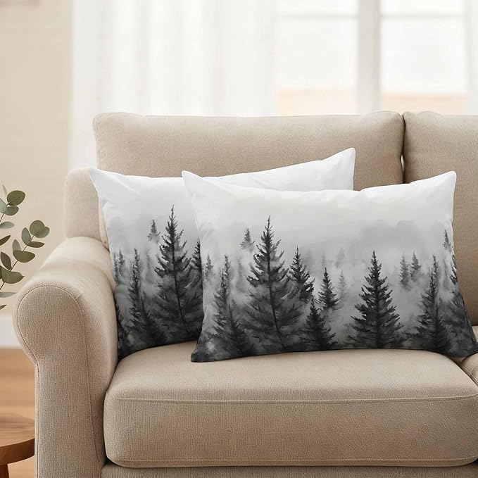 Retro Mist Forest Waterproof Outdoor Pillow Covers Set of 2 Home Decor, Watercolor Mountains Nature Landscape Pillowcase Patio Pillow Covers for Couch Bench Furniture Garden 20x12in