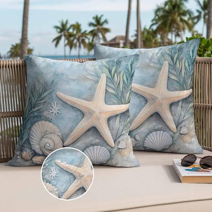 Ocean Coral Outdoor Waterproof Throw Pillow Covers Set of 2, 18"x18", Shell Starfish Plant Leaf Coastal Rustic Decorative Pillow Covers Outside Cushion Case for Patio Porch Garden