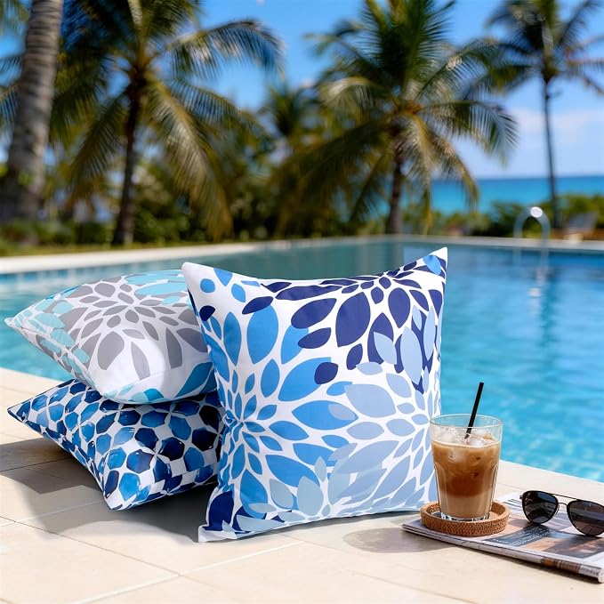 18x18 Waterproof Outdoor Pillows, Set of 2 Outdoor Throw Pillows | Patio Furniture Pillows, Fluffy Decorative Pillows, Waterproof &Fade Resistant, Removable & Washable, Dark Blue