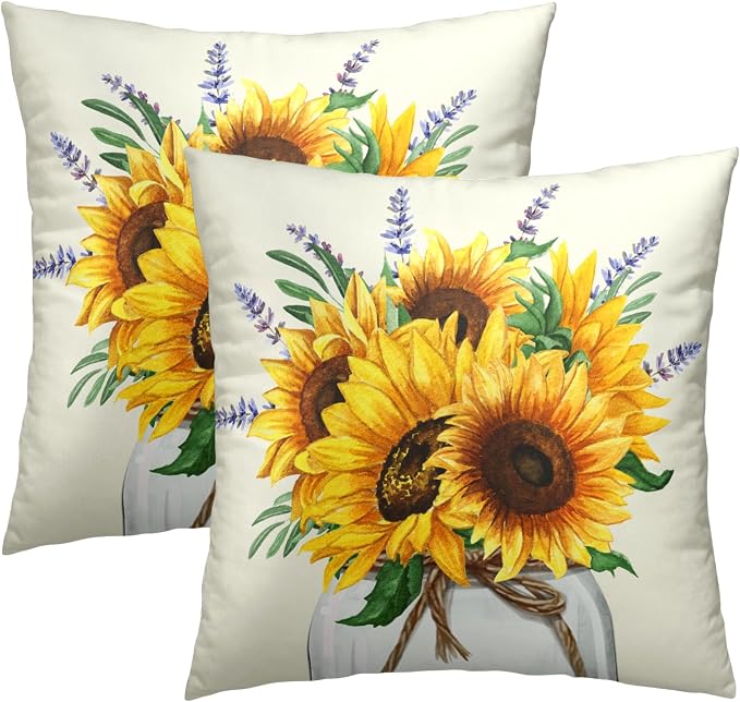 Sunflower Throw Pillows Covers 18 x 18 Inch - 2PCS Nature Summer Flower Vase Floral Decorative Square Pillowcases for Couch Sofa Bench Living Room Bedroom Decoration
