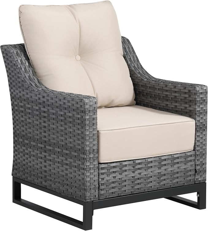 3 Piece Patio Furniture Set, Grey Wicker Outdoor Conversation Set with 2 Wicker Chairs and Side Table, 6-Inch Thick Cushions, High Back Seating, Beige Olefin Covers for Porch, Deck