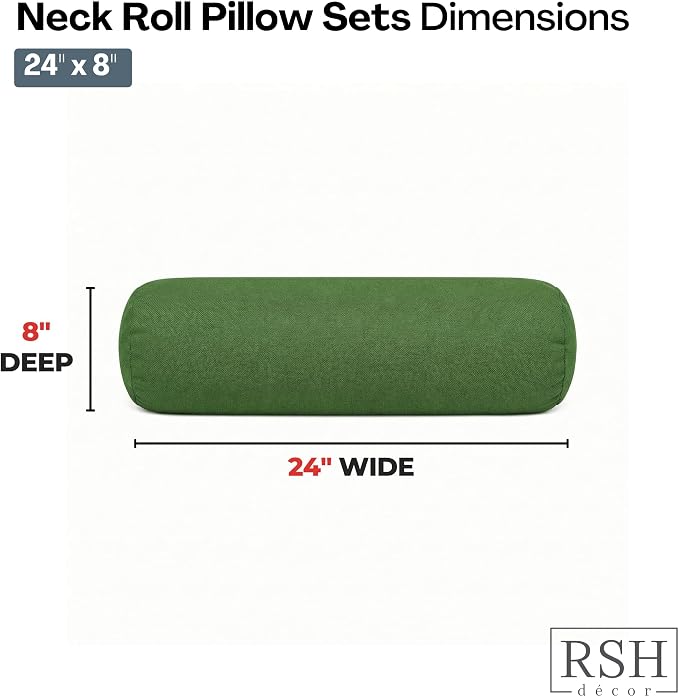 RSH DECOR: Outdura Neck Roll Pillows Set of 2 | 24” x 8” | Outdoor Bolster for Patio, Deck, Porch, or Poolside Chairs | Fade & Water-Resistant | Made in USA (Clover Green)