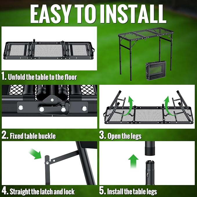 GARLLEN Folding Grill Table Max Capacity 66lbs, 3 Adjustable Height Portable Folding Camping Table with Heat-Resistant Mesh Tabletop, Aluminum Picnic Table for Outdoor, BBQ, Camping, 34.2"L x 15.7"W