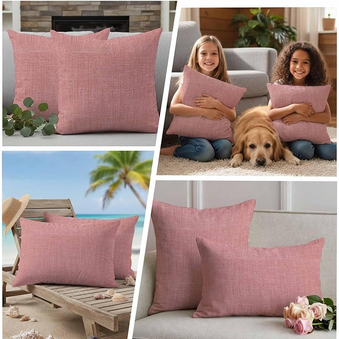 Outdoor Waterproof Throw Pillow Covers Set of 2 Peach Pink Linen Pillowcases 16x16 Inches Farmhouse Pure Color Decorative Pillows Cushion Case Patio Pillows for Couch Bed Chair Garden