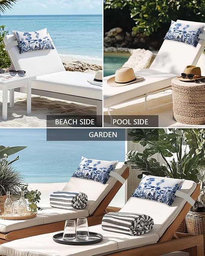 Outdoor Lumbar Cushions with Inserts, Classic Navy Blue Gradient Black Flower Silhouette Waterproof Fluffy Fade Body Pillows, Patio Furniture Pillow for Home Balcony Garden Decor 12x20IN