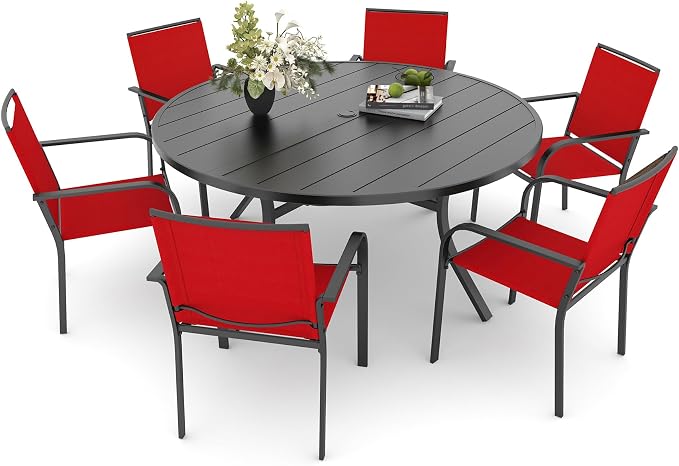 Anmutig 7 Piece Patio Dining Set 54 Inch Round Table Stackable Chairs Red | Powder-Coated Steel Frame, Quick-Dry Textilene Mesh, Dual-Size Umbrella Hole, Weather Resistant, Patio, Garden, Backyard