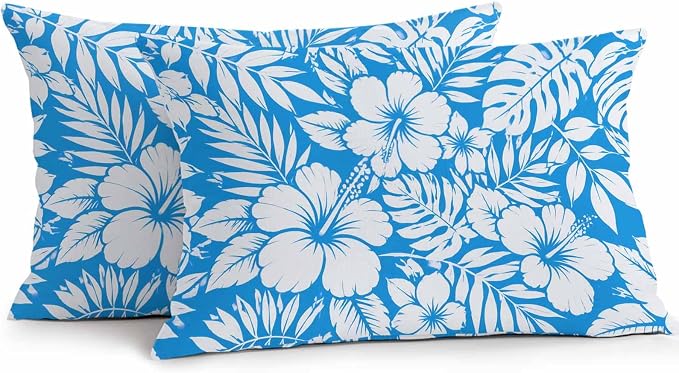 Hibiscus Flowers Waterproof Outdoor Pillow Covers Set of 2 Home Decor, Blue Tropical Monstera Leaves Lumbar Pillowcase Patio Pillow Covers for Couch Bench Patio Furniture Garden 20x12in