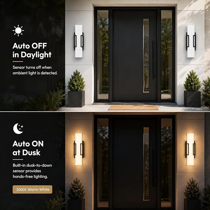 Hyunbae Modern Dusk to Dawn Outdoor Wall Lights, 16" Black LED Porch Light | 20W Outdoor Wall Sconce, Photocell Sensor,3000K Dimmable Exterior Light, IP65 Wall Mount Waterproof, Garage Patio Doorway Use