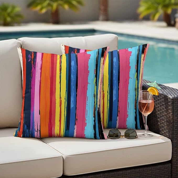 Rainbow Stripe Graffiti Outdoor Pillow Covers Set of 2 Oil Painting Striped Modern Art Waterproof Throw Pillow Cover Decorative Cushion Cases for Patio Porch Garden 16X16 Inch
