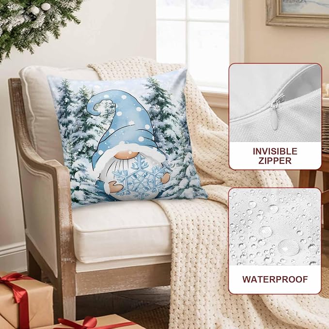 Christmas Gnome Outdoor Throw Pillow Cover Xmas Blue Snowflake Waterproof Cushion Covers 2 Pack Winter Snowy Pine Forest Pillow Cases Home Decoration for Patio Garden Couch Sofa 20x12In