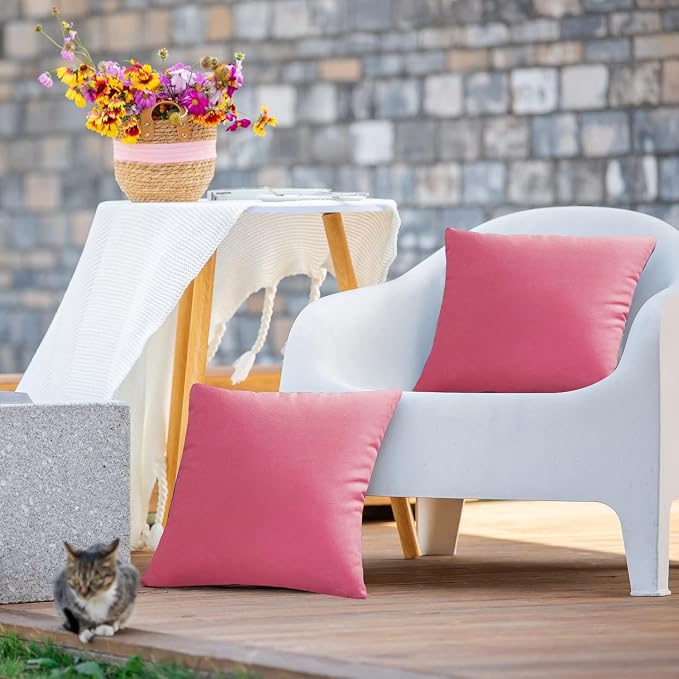 VAKADO Outdoor Waterproof Throw Pillow Covers 16X16 Set of 2 Decorative Hot Pink Patio Furniture Cushion Cases Outside Decor for Couch Garden Bench Porch