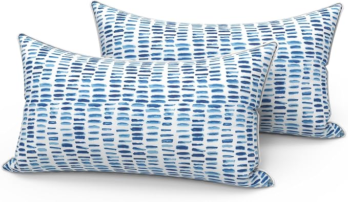 LVTXIII Set of 2 Outdoor Lumbar Pillows for Patio Furniture with White Piping, 12"x20" Fade Resistant Patio Lumbar Pillows with Inserts for Home Coach Sofa Use, A Pebble Blue