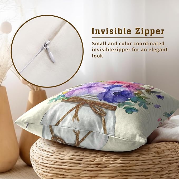 Summer Flowers Pillow Covers 16 x 16 Inches Set of 2,Watercolor Purple Pink Floral Jar Cushion Cover Cotton Linen Pillowcase for Home Couch Sofa Patio Bedroom Livingroom