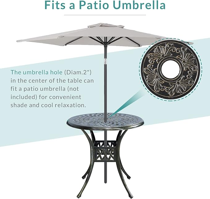 MEETWARM 31" Round Patio Bistro Table, Outdoor Cast Aluminum Small Dinning Table with 2" Umbrella Hole, Dark Bronze