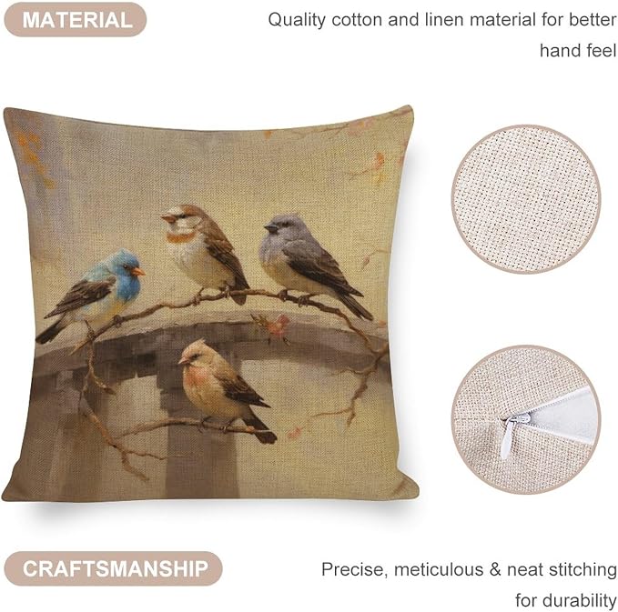 Throw Pillow Cases Colorful Birds are Sitting on A Branch Pillowcase 20"x20" Oil Painting Cute Birds are Standing on The Branch Linen Cushion Case Outdoor Home Decoration for Couch Sofa Bed