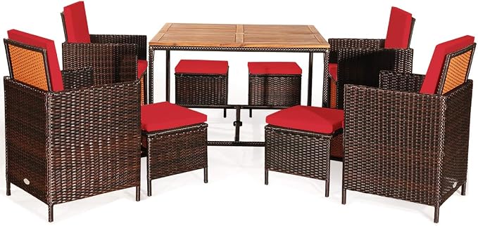 HAPPYGRILL 9PCS Patio Dining Set Outdoor Dining Furniture Set with Cushioned Seating, Space-Saving Dining Table with Acacia Wood Tabletop Wicker Chair and Ottoman Sets for Backyard Garden Poolside