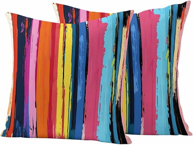 Rainbow Stripe Graffiti Outdoor Pillow Covers Set of 2 Oil Painting Striped Modern Art Waterproof Throw Pillow Cover Decorative Cushion Cases for Patio Porch Garden 16X16 Inch