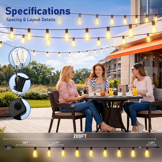 200FT Outdoor String Lights with Remote & Dimmable, 72+2 Shatterproof Waterproof Bulbs, Dimmable Outside Hanging Patio Lights for Backyard, Porch, Deck, Garden 2200K Warm White