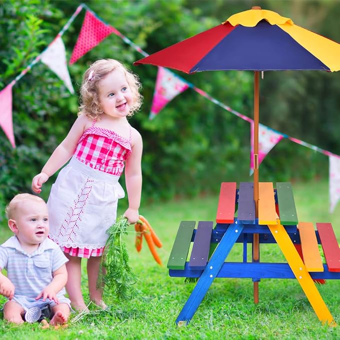 HONEY JOY Kids Picnic Table, Fir Wood Toddler Outdoor Table and Bench Set with Foldable & Removable Umbrella, Kids Picnic Tables for Outdoors, Backyard Furniture for Kids(Colorful)