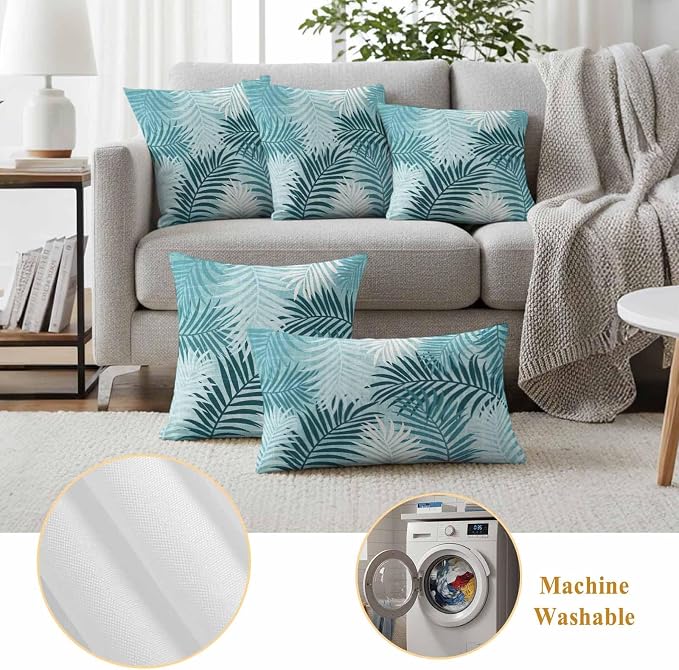 Outdoor Waterproof Throw Pillow Covers, Teal Palm Leaves Decorative Pillow Cases, Summer Botanical Tropical Leaf Couch Pillow Protector Patio Sofa Cushion Covers Replacement 16"x16" 2 Pack