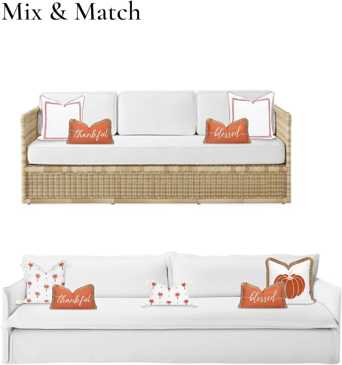Hofdeco Premium Fall Coastal Patio Indoor Outdoor Lumbar Pillow Cover Only, 12"x20" Water Repellent for Backyard, Couch, Rust Orange Embroidered Blessed with Fringed Trim