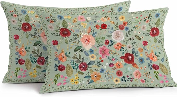 Vandarllin Outdoor Throw Pillows Covers 20x12 inch Set of 2 Waterproof Sage Green Floral Decorative Zippered Cushion Covers for Patio Furniture, Farmhouse Vintage Flower Lumbar Pillowcases