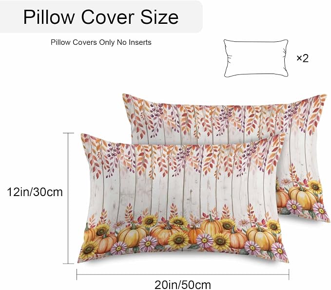 Orange Pumpkins Outdoor Waterproof Pillow Covers, Eucalyptus Leaves Sunflowers Wood Grain Decorative Rectangle Throw Pillowcase Sofa Cushion Sham for Patio/Couch/Chair, 20"x12" 2 Pack