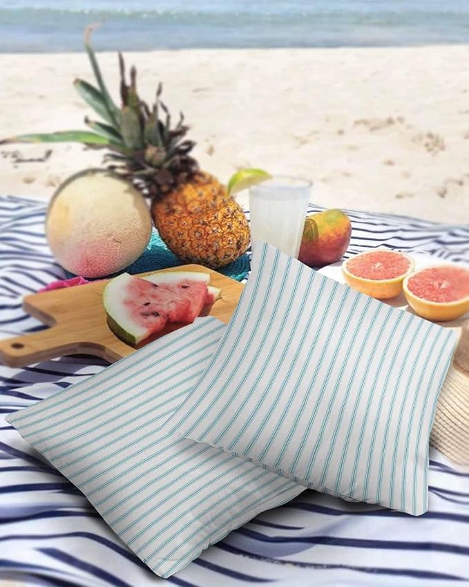 Outdoor Waterproof Throw Pillow Covers Set of 2 Teal Stripes Pillowcases 18x18 Inches Simple Style Patio Decorative Pillows Cushion Case Patio Pillows for Couch Bed Chair Garden