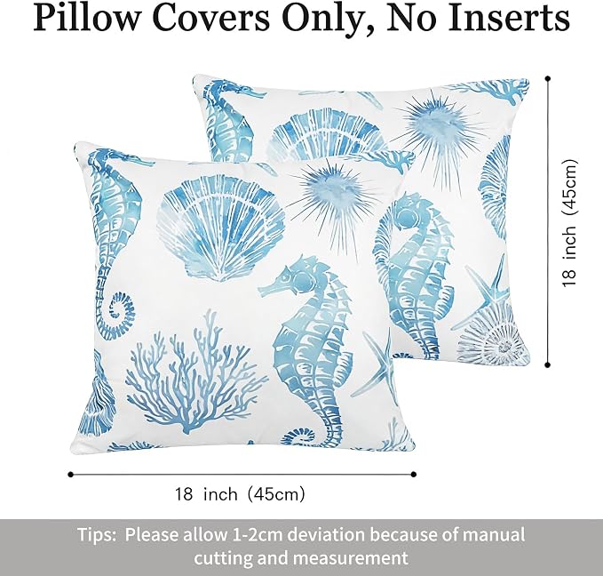 cygnus Coastal Outdoor Pillow Covers 18x18 inch Waterproof Seahorse Seashell Coral Beach Nautical Throw Pillow Covers for Patio Furniture Garden Bench Porch Sofa Couch Summer Decor Set of 2,Blue