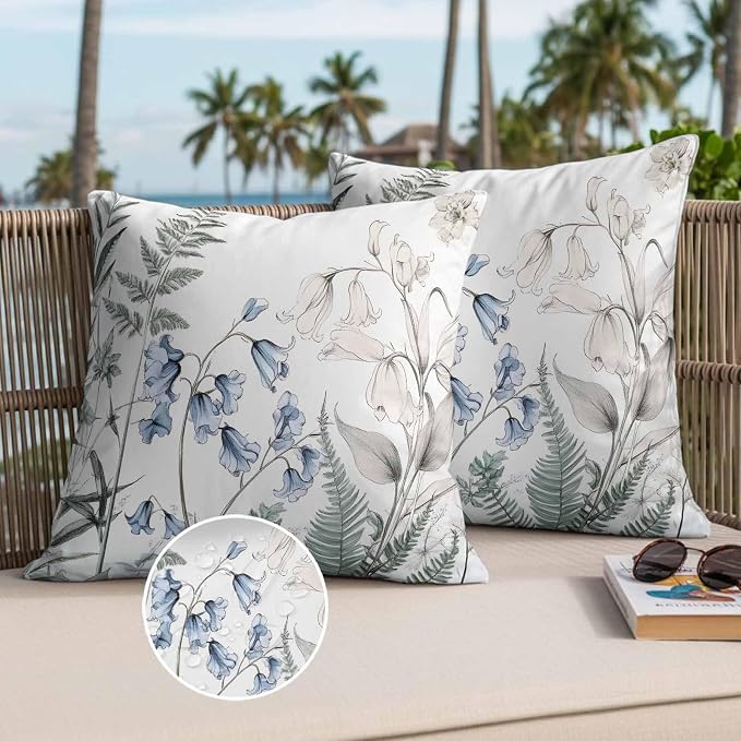 Throw Pillow Covers 26x26 Inch Set of 2, Blue Beige Floral Waterproof Outdoor Pillow Covers, Farmhouse Botanical Decorative Cushion Pillowcases for Couch, Sofa, Bed, Garden, Patio
