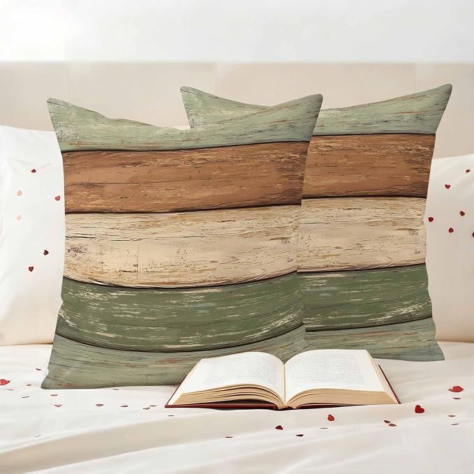 Farmhouse Sage Green Brown Outdoor Waterproof Pillow Covers, Vintage Wooden Striped Decorative Square Throw Pillowcase Sofa Cushion Sham for Patio/Couch/Chair, 18"x18" 2 Pack