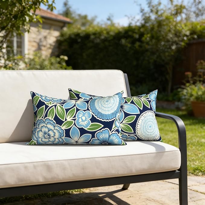 12x20 Inch Lumbae Pillow Covers, Rectangle Waterproof Throw Covers Set of 2, Decorative Patio Furniture Cushion Cases for Porch Garden, Azure Botanical Symphony