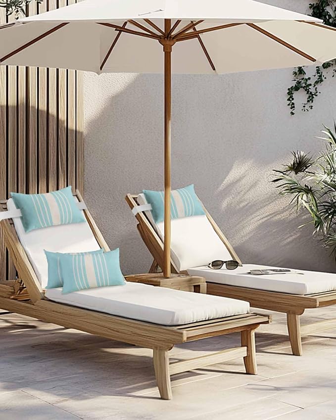 Pack of 4 Outdoor Lumbar Pillow Covers 11x16 Inch, Aqua Beige Striped Waterproof Throw Pillow Covers Set, Modern Farmhouse Retro Lines Indoor&Outdoor Decorative Cushion Cases for Patio Porch Beach