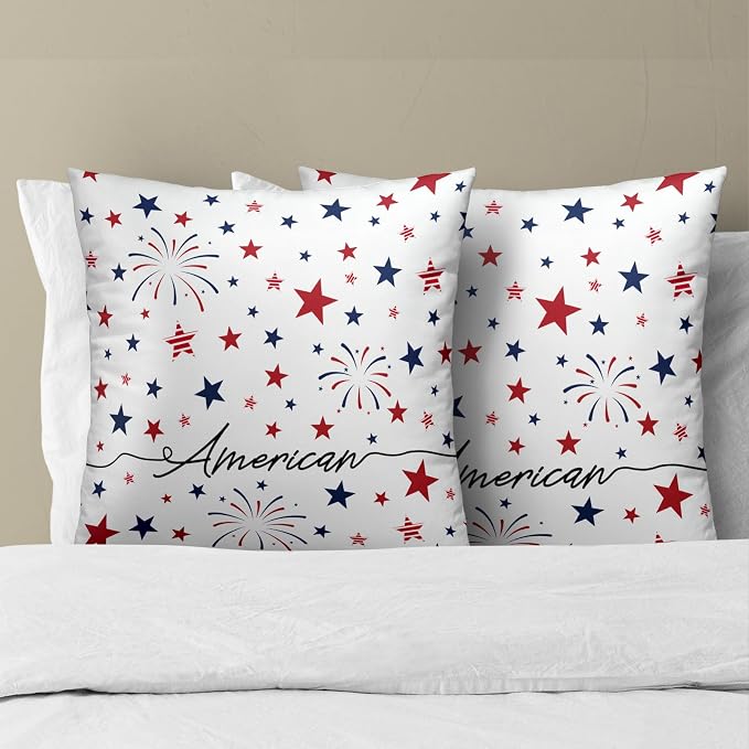 4th of July Pillow Covers 18x18 Inch Set of 2 Patriotic Red White Blue Summer Outdoor Throw Pillow Covers,Independence Memorial Day USA Flag Cushion Case for Sofa Couch Decor