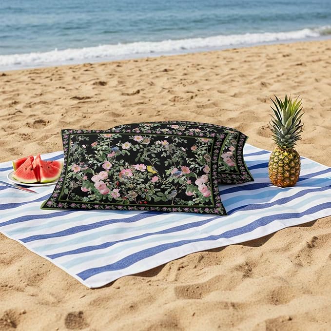 Vandarllin Outdoor Throw Pillows Covers 20x12 inch Set of 2 Waterproof Pink Floral Bird Decorative Zippered Cushion Covers for Patio Furniture, Green Leaves Branches Black Lumbar Pillowcases
