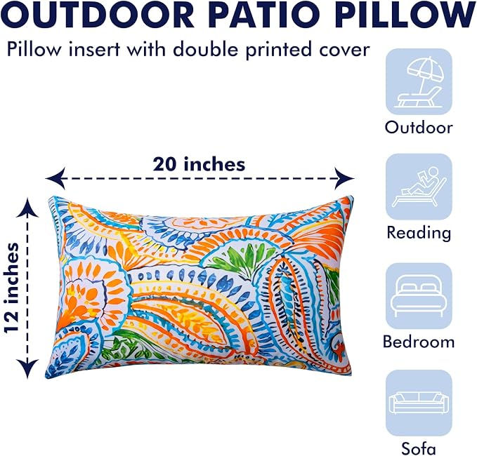 2 Pack Waterproof Outdoor Pillows, 12x20 Outdoor Lumbar Pillows | Patio Furniture Pillows, Decorative Throw Pillows, Waterproof &Fade Resistant, Removable & Washable, Paisley Multi Orange