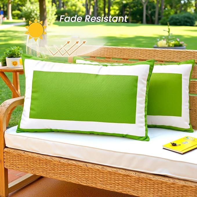 JOJOGOGO 12x20 Apple Green Outdoor Lumbar Pillow Covers Waterproof & Sunproof Set of 2, White and Green Outdoor Decorative Lumbar Pillows for Patio Furniture and Porch Decor(Without Inserts)