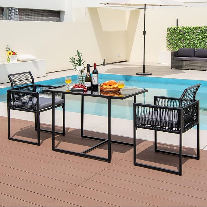 HAPPYGRILL 3 Pieces Outdoor Patio Dining Set, PE Rattan Furniture Set with Cushions, Tempered Glass Tabletop, Space-Saving Rattan Dining Chair Table Set for Backyard Poolside Balcony
