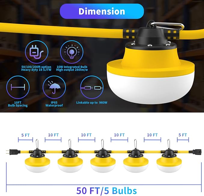 New 200FT Construction String Lights LED Industrial Grade | Best for Construction Sites,Renovation, Walkways,Patio,Mine cave,Outdoor Lighting Solutions Use,Free for Climbing Hook 2Prong