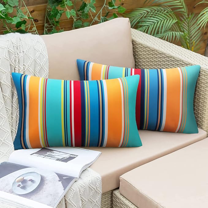 Pyonic Outdoor Lumbar Pillow Covers Set of 2 Waterproof Throw Pillow Covers Decorative Patio Pillows for Patio Tent Garden Beach,12x20 Inches,Color Stripe(Blue)