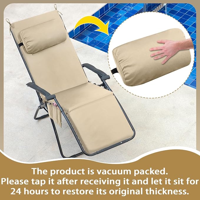 RattanView 2 Pcs Outdoor Chaise Lounge Cushion with Pillow and Side Pockets Waterproof Lounge Chair Cushions for Outdoor Furniture Patio Lounger Pad for Outside Pool Lawn (Beige,72 x 21 x 4)