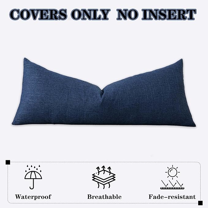 Kevin Textile Outdoor Waterproof 14”x36” Lumbar Pillow Cover 1 Pack, Blue | Water Resistant, Soft Faux Linen-cotton Yarn-dyed Woven Texture Throw Pillow Covers for Tent Patio Garden Couch Sofa